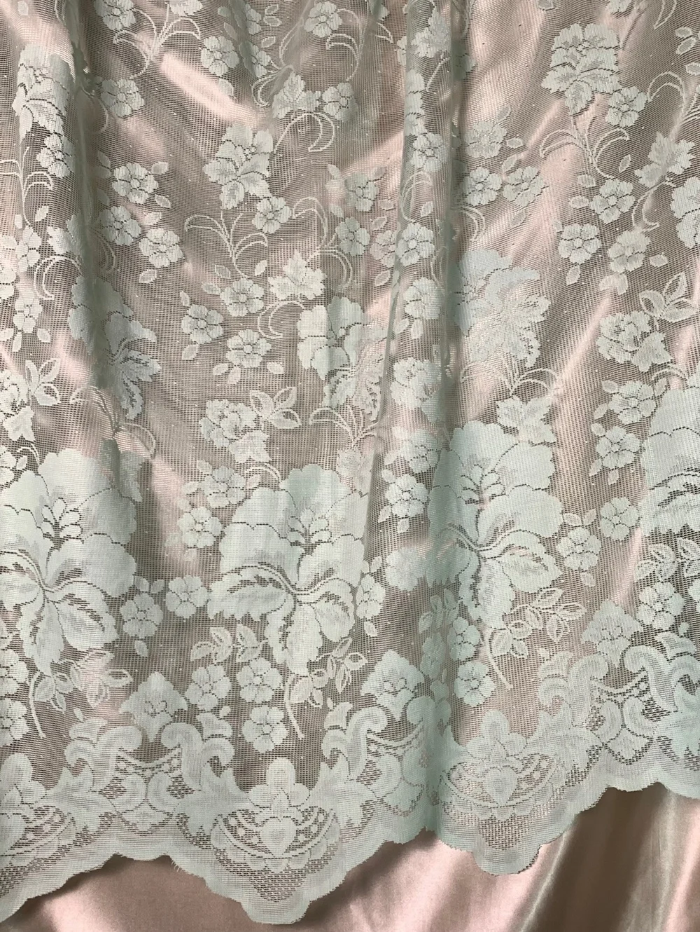 Vintage Mint Green Net Lace Window Curtain Panel Scalloped Edge Floral Victorian